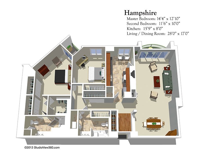 3D floor plan of an apartment showcasing room layouts and dimensions.