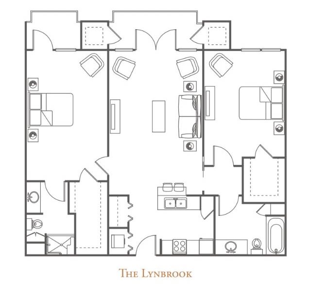 A floor plan of an apartment with two bedrooms and bathrooms.