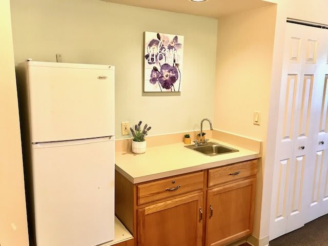 A small kitchen area with a refrigerator, sink, and wooden cabinets.
