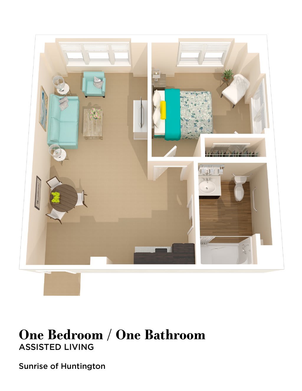 A 3D floor plan of a one-bedroom, one-bathroom apartment with designated living and dining areas.