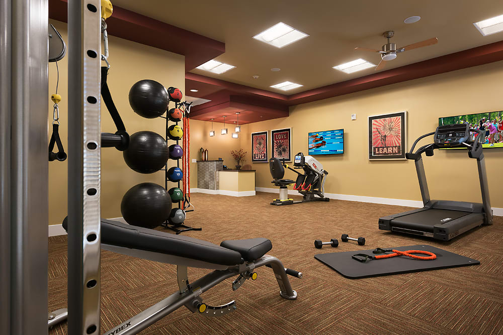 A well-equipped home gym with weight racks, exercise machines, and various fitness accessories.