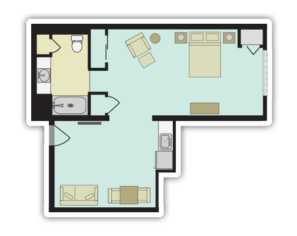 A floor plan of a one-bedroom apartment showing the layout and arrangement of rooms.