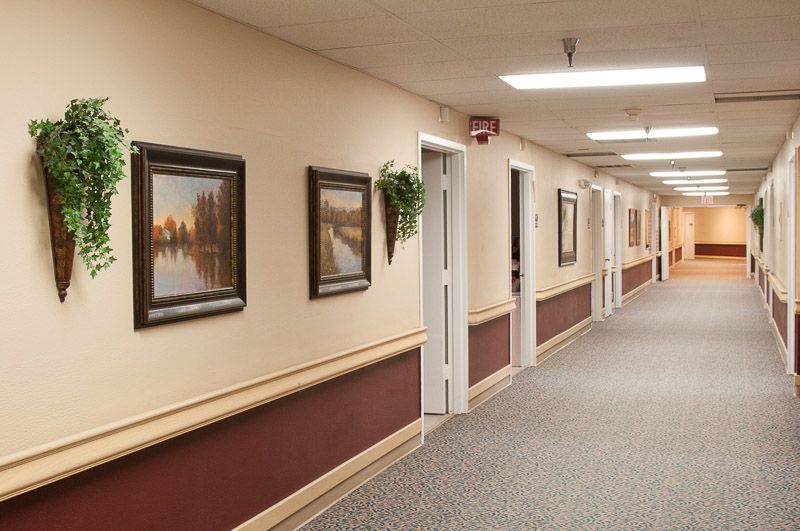A long, brightly lit hallway with paintings on the walls and doors leading to rooms.
