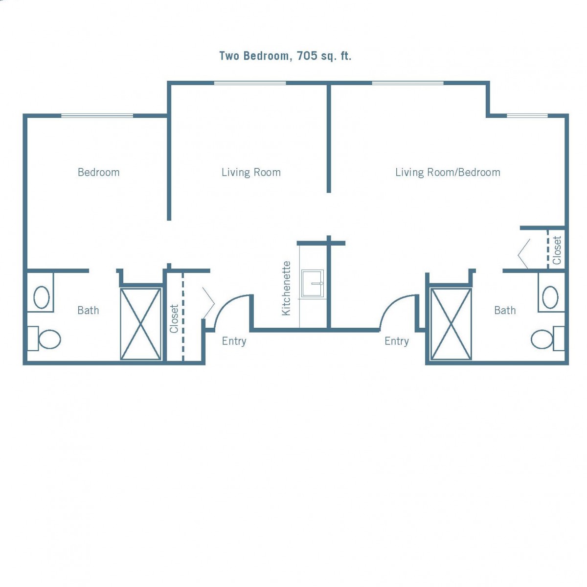 A floor plan of a two-bedroom apartment featuring living rooms, bathrooms, and a kitchen.