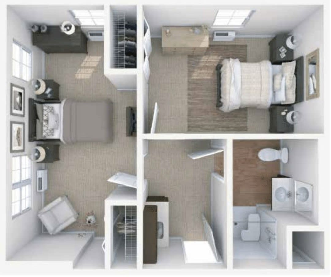 A 3D floor plan of a two-bedroom apartment with well-arranged furnishings.
