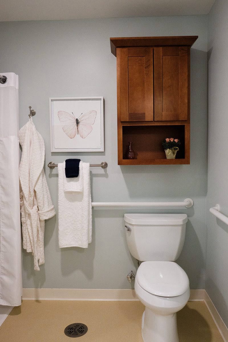 A modern bathroom with a toilet, towels, wall art, and a wooden cabinet.