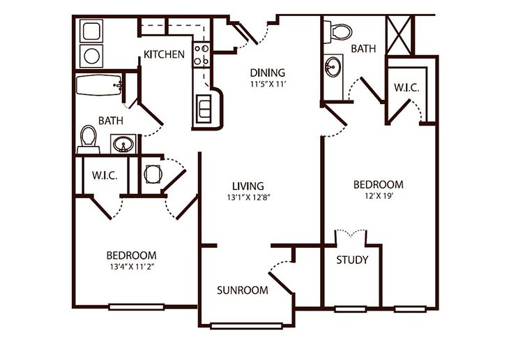 A floor plan of an apartment featuring two bedrooms, a sunroom, living area, kitchen, and dining space.