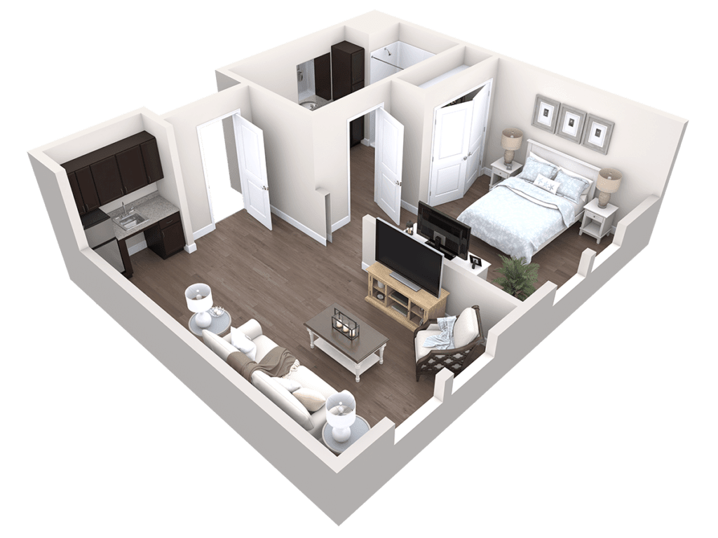 A 3D floor plan of a modern one-bedroom apartment with an open living area and kitchen.