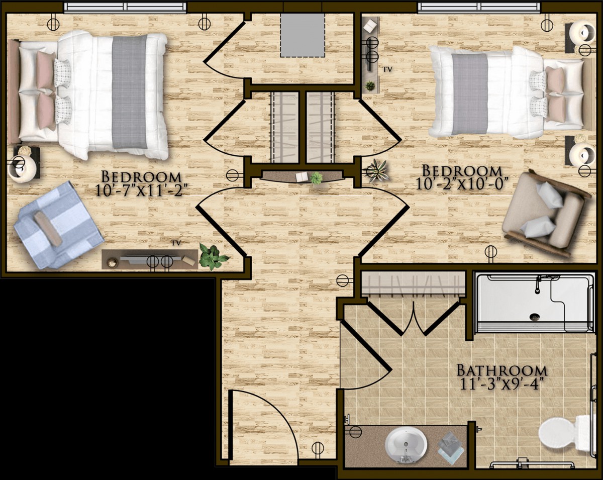 Two-bedroom floor plan with one bathroom and living area.