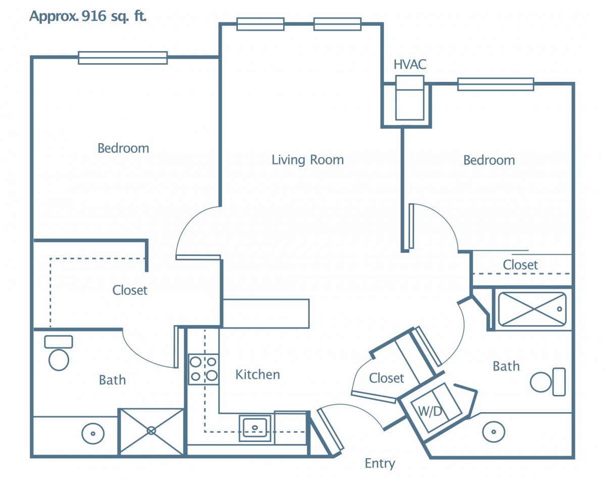 A floor plan of a two-bedroom apartment featuring a living room, kitchen, bathroom, and closets.