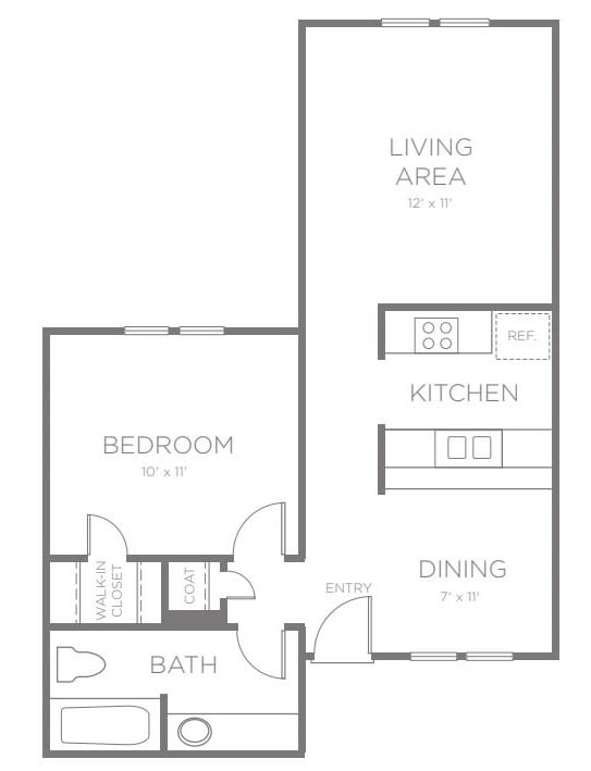 A floor plan of a one-bedroom apartment with designated areas for the living room, kitchen, dining, bedroom, and bathroom.