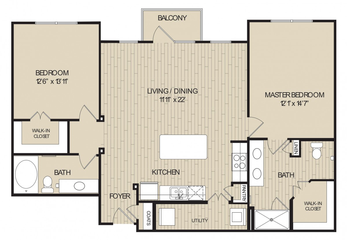 A detailed floor plan of a two-bedroom apartment with a balcony and open living space.
