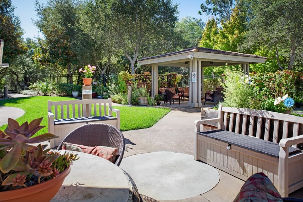 A tranquil garden setting with outdoor seating and a gazebo, surrounded by lush greenery.