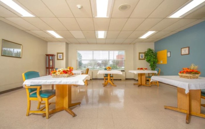 A bright dining room with tables and chairs arranged neatly, featuring large windows and decorative elements.