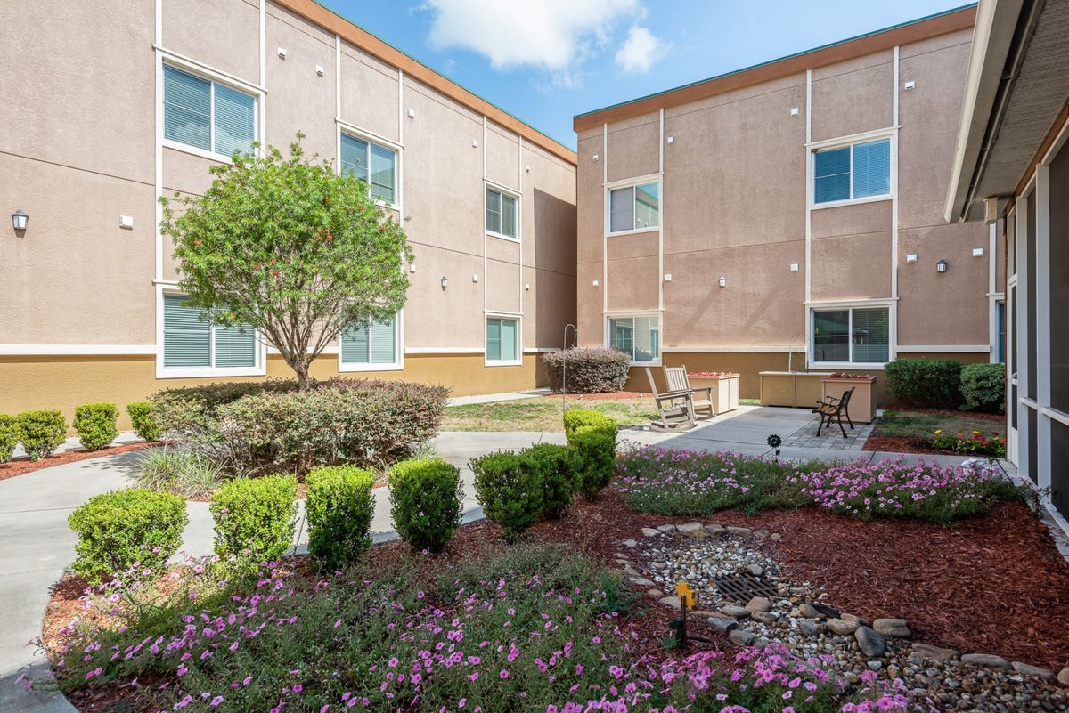 A view of a well-maintained courtyard with landscaping, surrounded by apartment buildings.