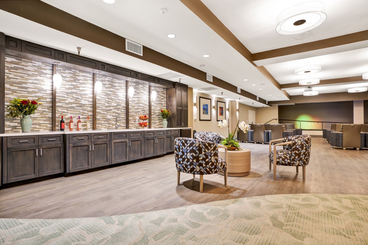 A modern lobby with stylish furniture and decor.
