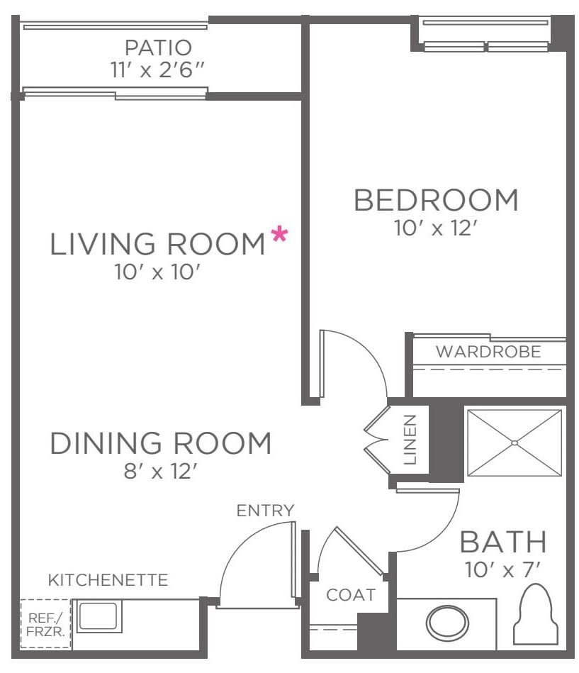 A floor plan for a one-bedroom apartment, featuring a living room, dining room, kitchenette, bathroom, and patio.
