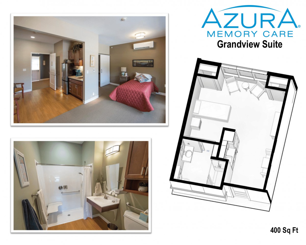 A visual overview of a memory care suite at Azure, featuring images of the bedroom and bathroom along with a detailed floor plan.