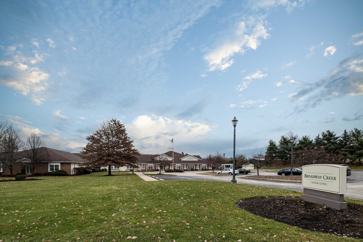A suburban landscape with a tree, grass, and street lamp under a partly cloudy sky.