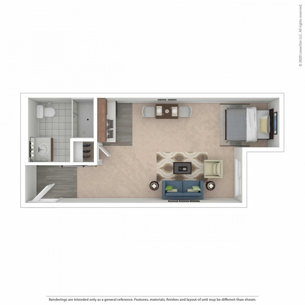 A floor plan layout of a studio apartment with an open living space, kitchen, and bathroom.