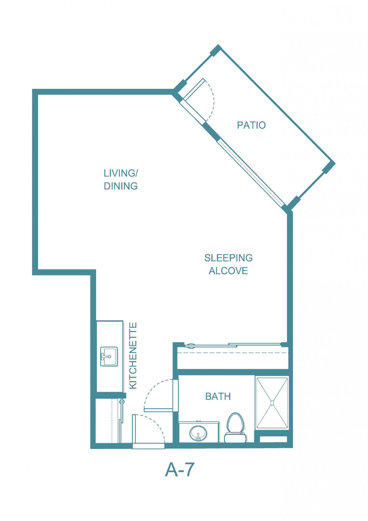 Studio apartment floor plan with a living/dining area, sleeping alcove, bathroom, and patio.