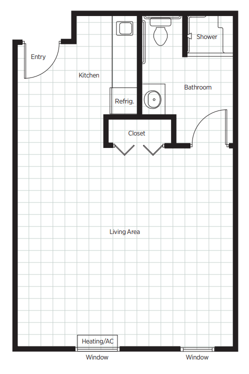 A floor plan of a studio apartment featuring a living area, kitchen, closet, and bathroom.