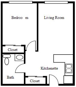 A simple floor plan depicting a one-bedroom apartment with labeled rooms.
