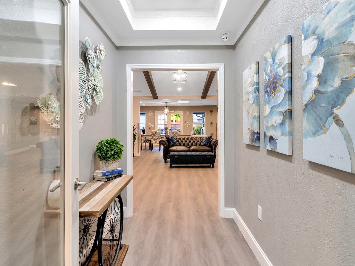 A modern hallway with artwork and stylish furnishings leading into a living space.