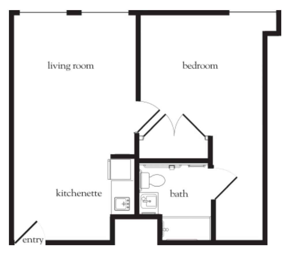 A simple floor plan of an apartment showing a living room, bedroom, kitchenette, bathroom, and entry.