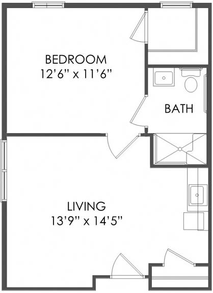 A floor plan of a one-bedroom apartment with specified dimensions for the living room and bedroom.