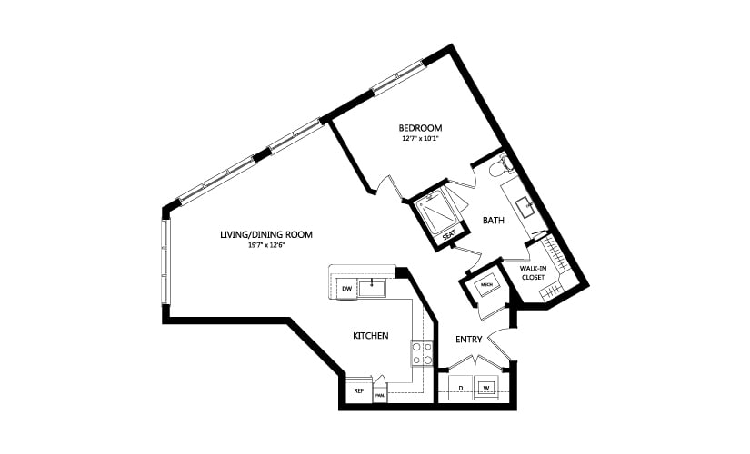 A floor plan of a one-bedroom apartment with labeled rooms.
