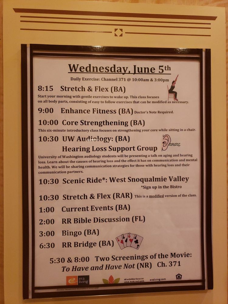 A daily schedule of activities for Wednesday, June 5th, including various fitness classes and social events.