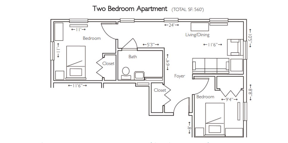 Floor plan of a two-bedroom apartment with labeled rooms and dimensions.