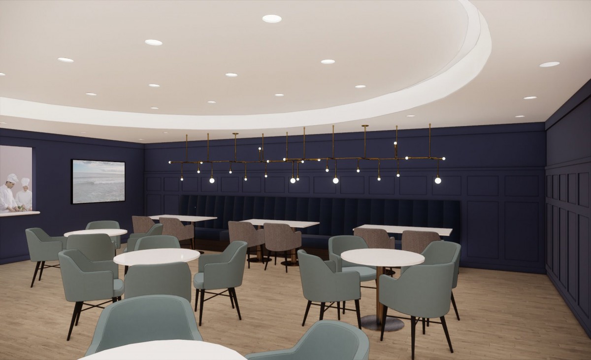 A modern cafe interior with sleek seating and contemporary lighting.