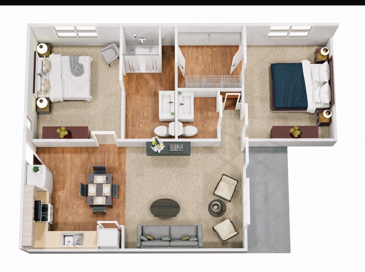 A detailed floor plan of a two-bedroom apartment featuring a living room, kitchen, and bathroom.