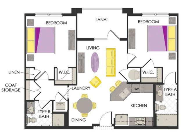 A floor plan of a two-bedroom apartment with labeled rooms including a living room, kitchen, and bathroom.
