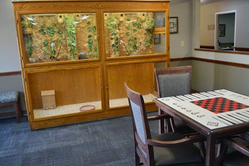 A cozy office space featuring a wooden table and chairs, with a large window showcasing greenery in the background.