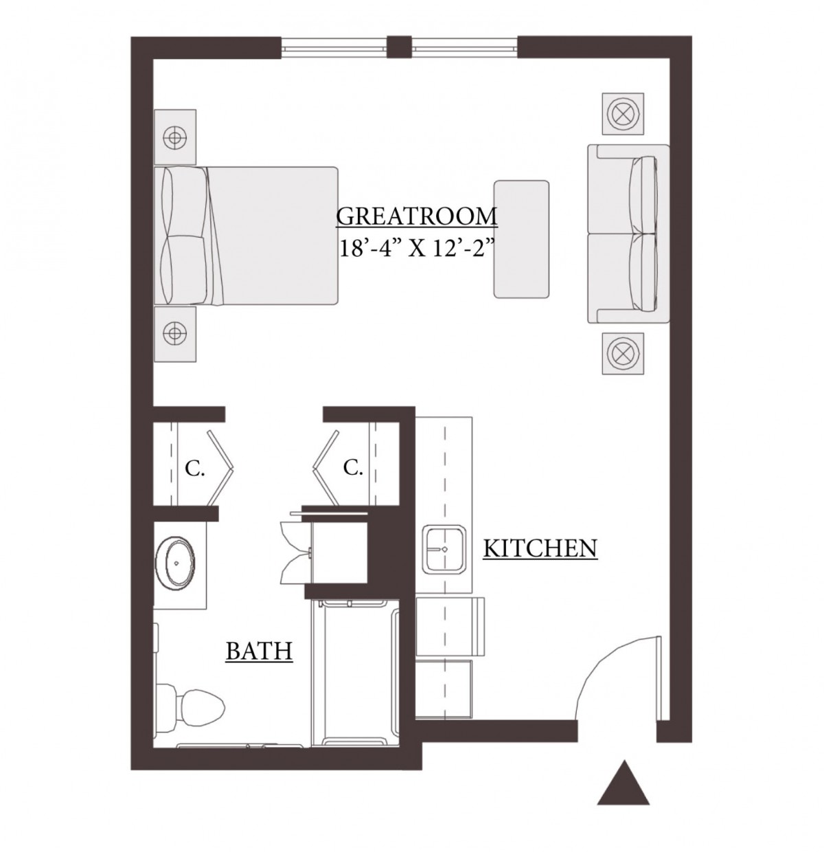 A compact studio apartment floor plan with a combined bedroom and living area, kitchen, and bathroom.