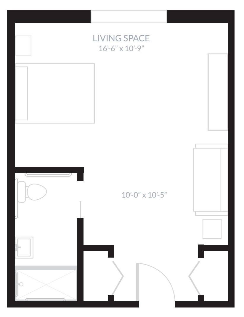 A floor plan illustrating a compact living space with designated areas.
