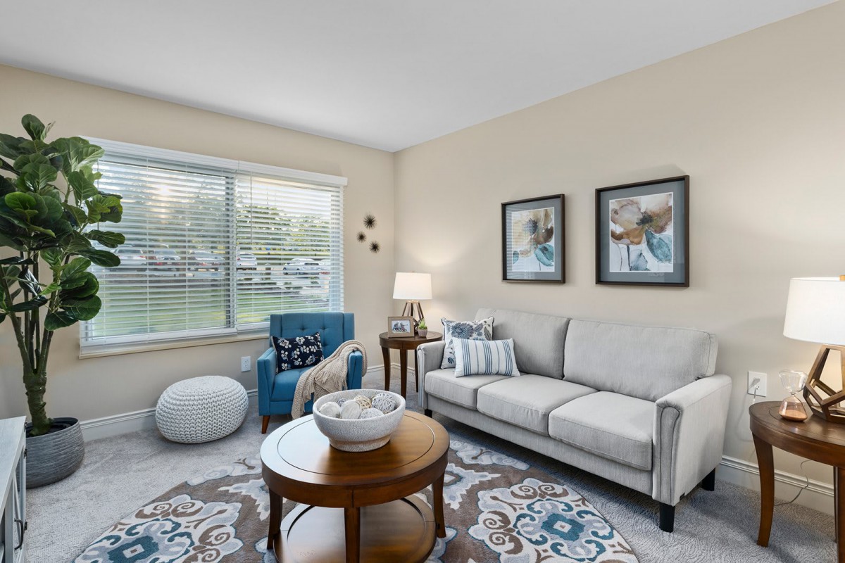 A cozy living room featuring a sofa, armchair, and coffee table with decorative accents.