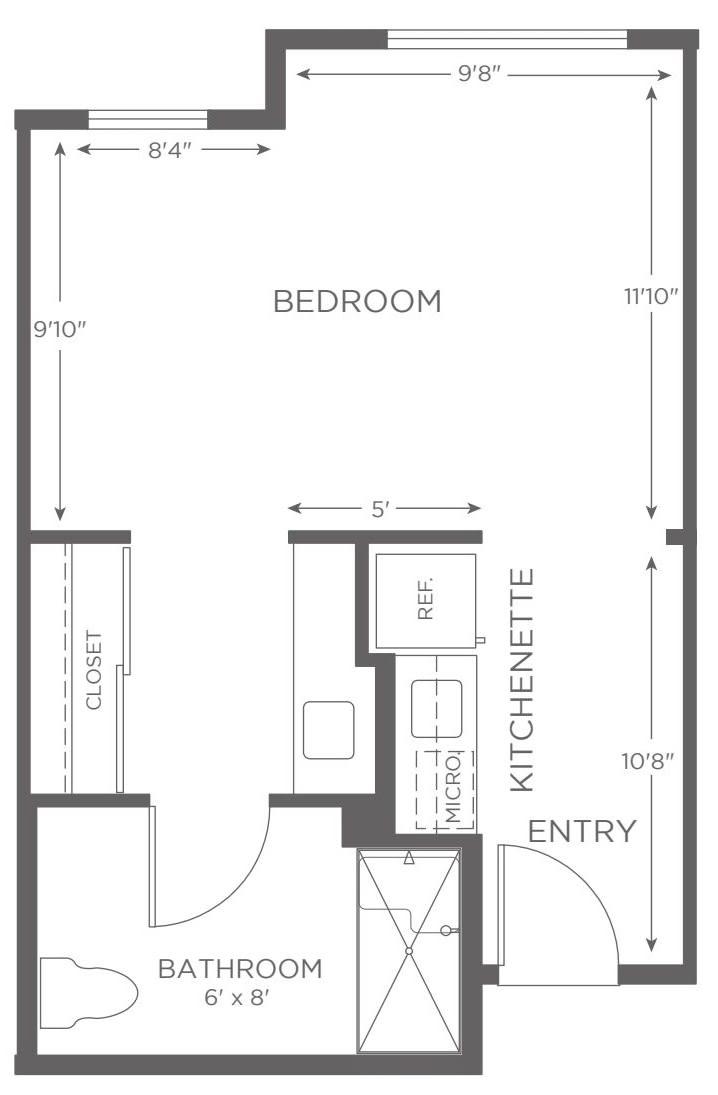 A floor plan of a small apartment featuring a bedroom, kitchenette, entryway, and closet.