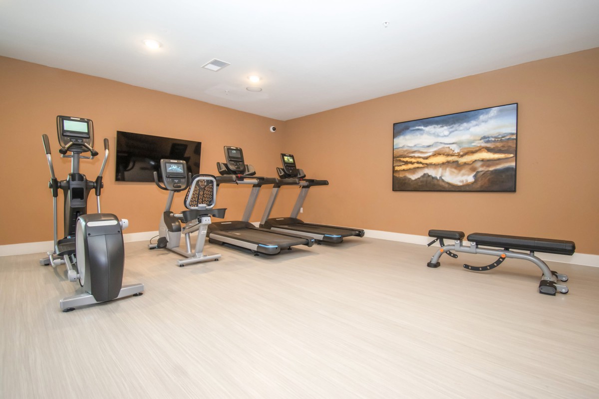 A modern home gym with exercise equipment including treadmills and a stationary bike.