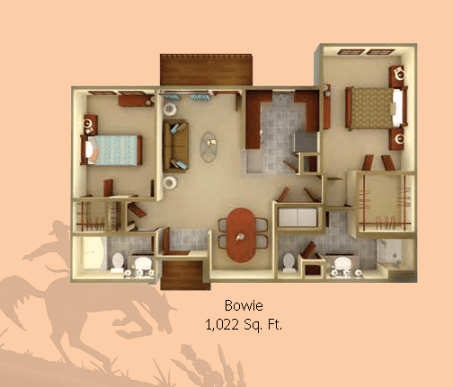 A detailed floor plan of a 1,022 square foot apartment featuring two bedrooms, a living room, kitchen, and bathrooms.