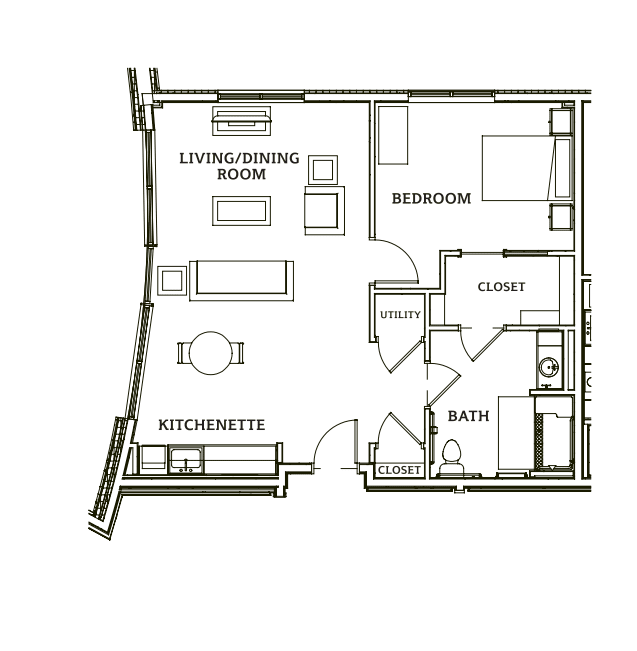 A simple floor plan of a one-bedroom apartment featuring a living/dining area, kitchen, bathroom, and closet.