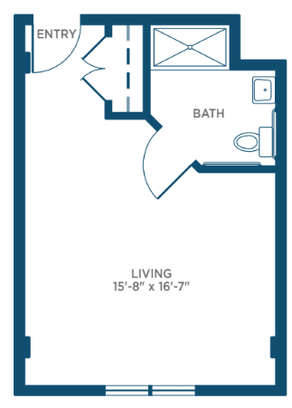 Studio apartment floor plan with a living area and bathroom.