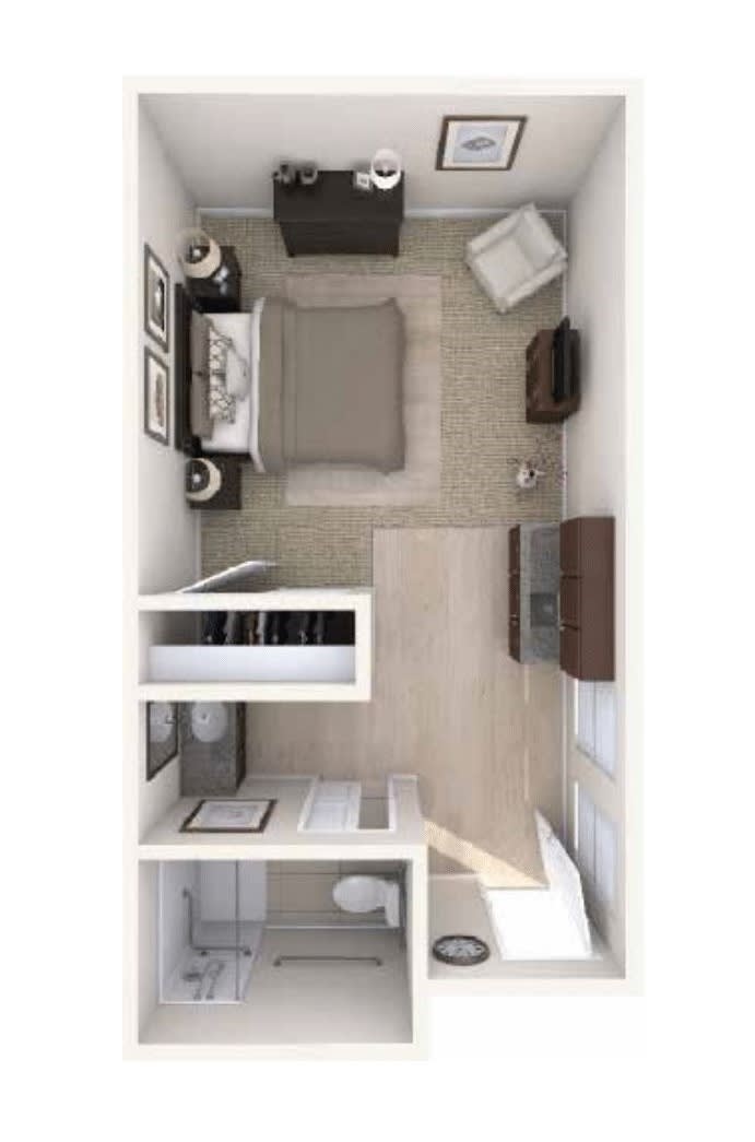 A top-down view of a modern bedroom layout with furniture.