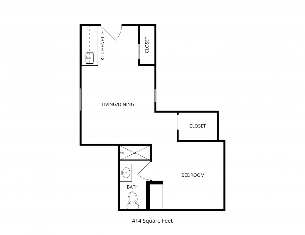 A floor plan of a one-bedroom apartment with living room, kitchen, bathroom, and closet.
