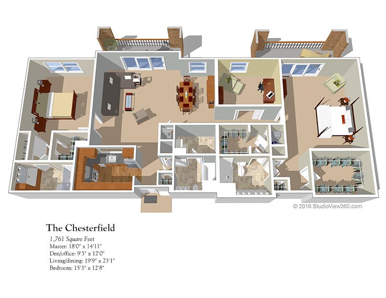 A 3D floor plan of an apartment called 'The Chesterfield' featuring detailed room layouts.