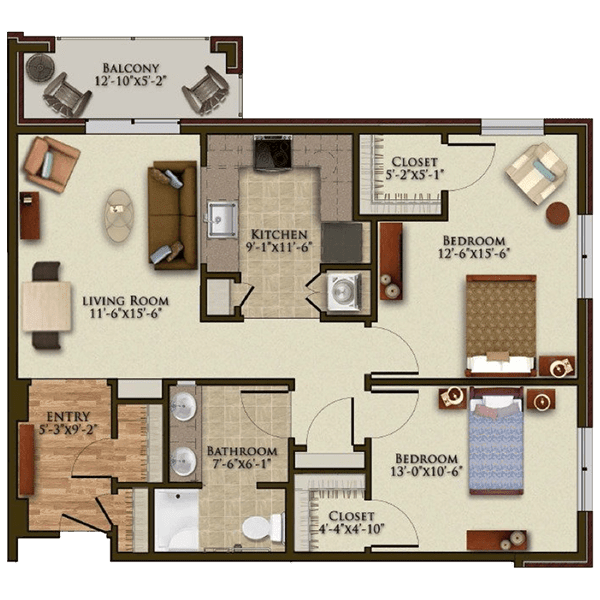 A detailed floor plan of a two-bedroom apartment with a living room, kitchen, dining area, bathroom, and balcony.