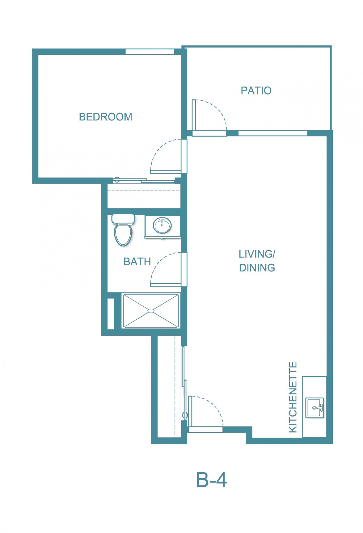 Floor plan of a one-bedroom apartment with a living room, kitchenette, bathroom, and patio.